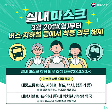 3월 20일(월)부터 대중교통 등에서 실내 마스크 착용 의무 해제