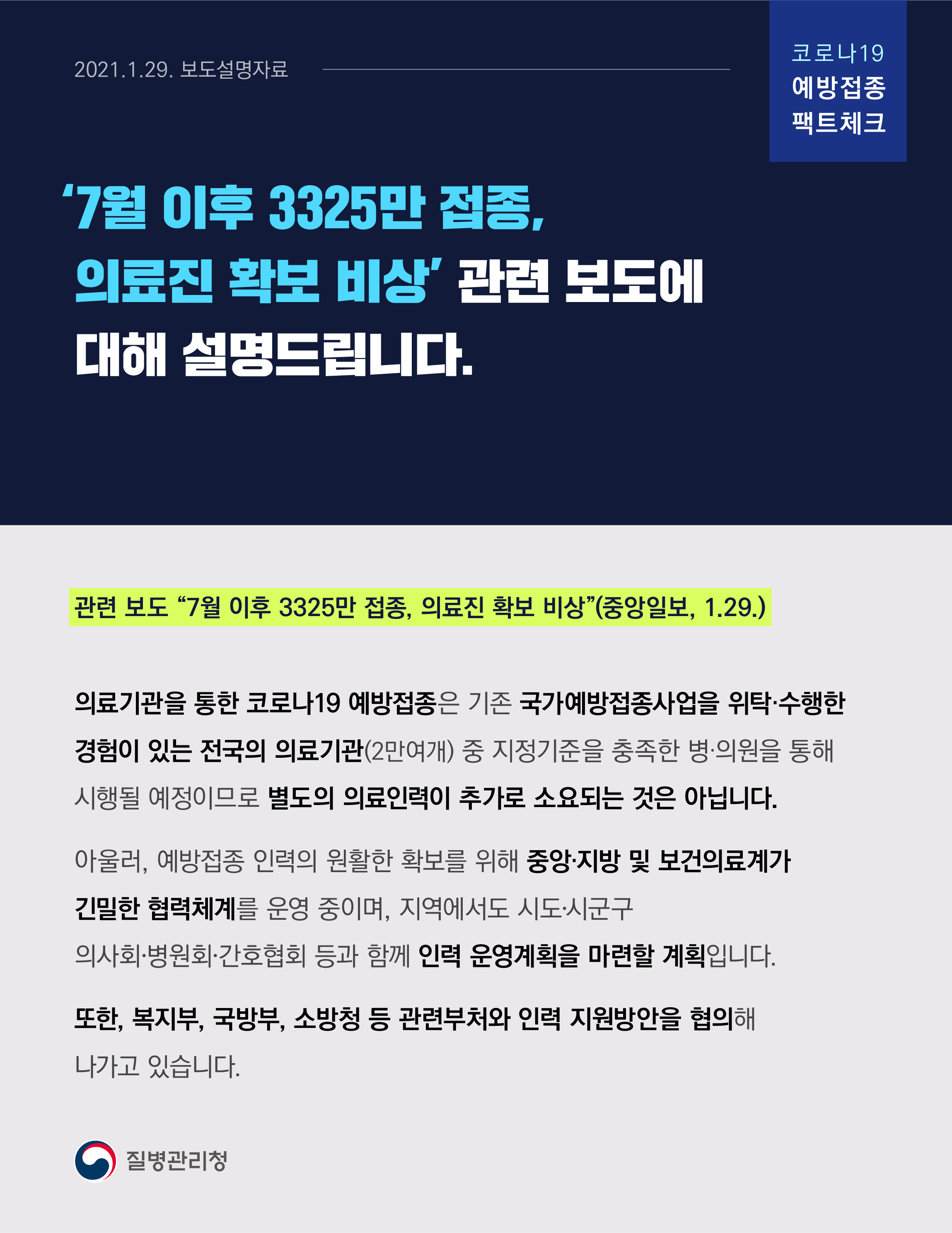 [코로나19 예방접종 팩트체크] '7월 이후 3325만 접종, 의료진 확보 비상' 관련 보도설명자료(1.29.)