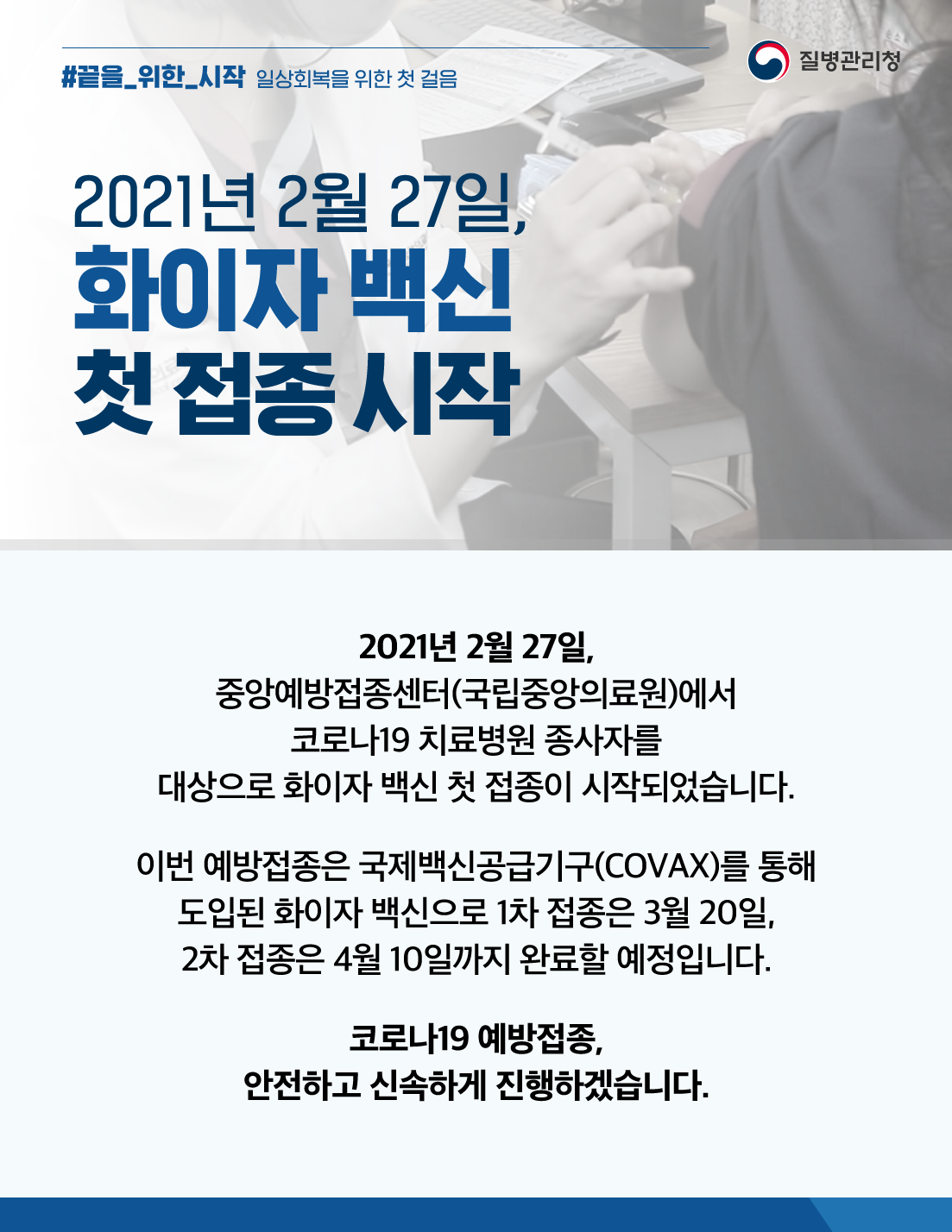 2021년 2월 27일, 화이자 백신 첫 접종 시작 