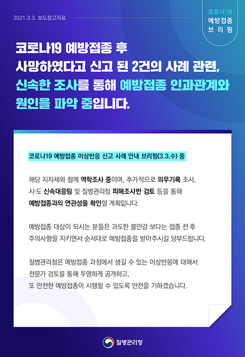 [코로나19 예방접종 브리핑] 코로나19 예방접종 및 이상반응 신고현황 관련 보도참고자료(3.3.)