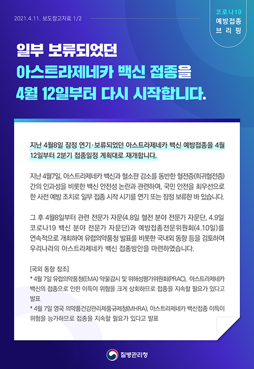 [코로나19 예방접종 브리핑] 일부 보류되었던 아스트라제네카 백신 4월 12일부터 접종 재개 관련 보도참고자료(4.11.)