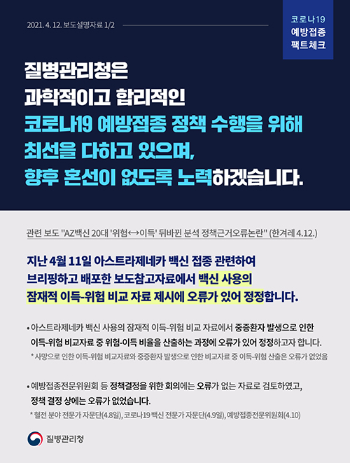 [코로나19 예방접종 팩트체크] AZ 백신 사용의 잠재적 이득-위험 비교 자료 정정 관련 보도설명자료(4.12.)