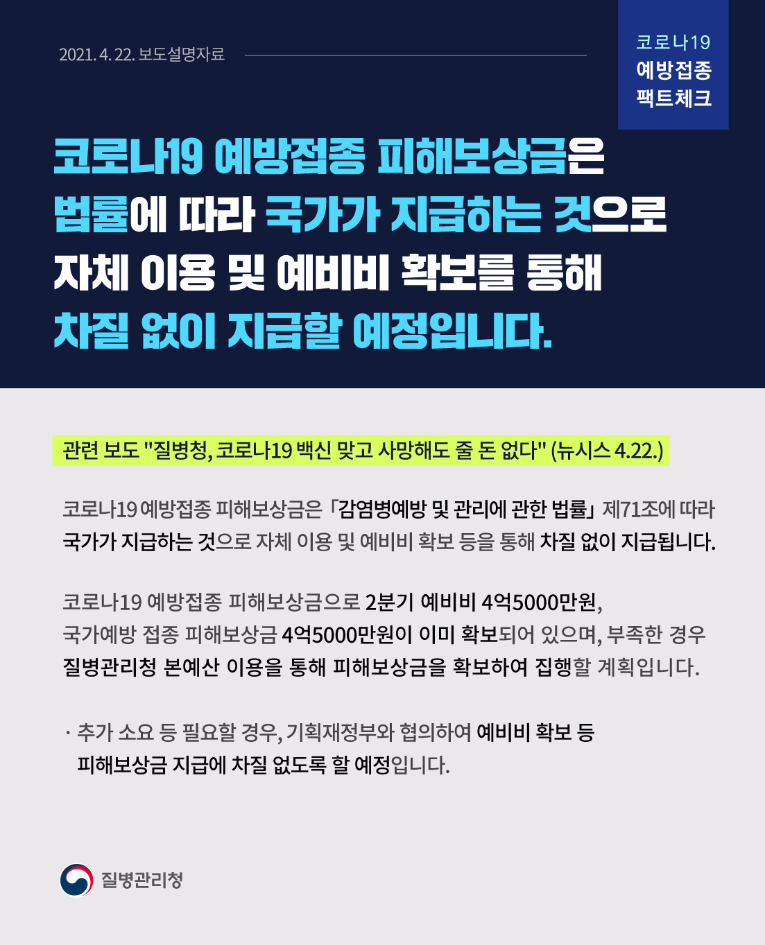 [코로나19 예방접종 팩트체크] '백신 맞고 사망해도 줄 돈 없다' 관련 보도설명자료(4.22.)