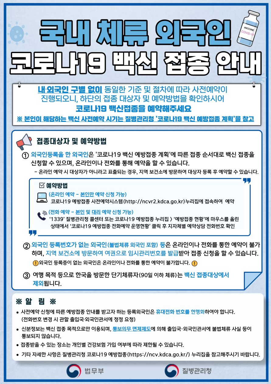 국내 체류 외국인 코로나19 백신 접종 안내(국문/eng/中文 등)