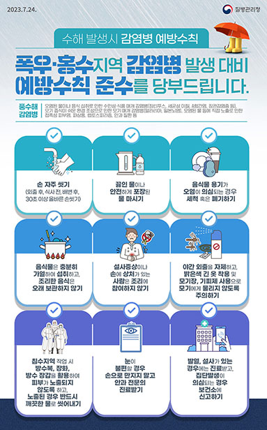 폭우· 홍수 지역 감염병 발생 대비 예방수칙 준수를 당부드립니다.